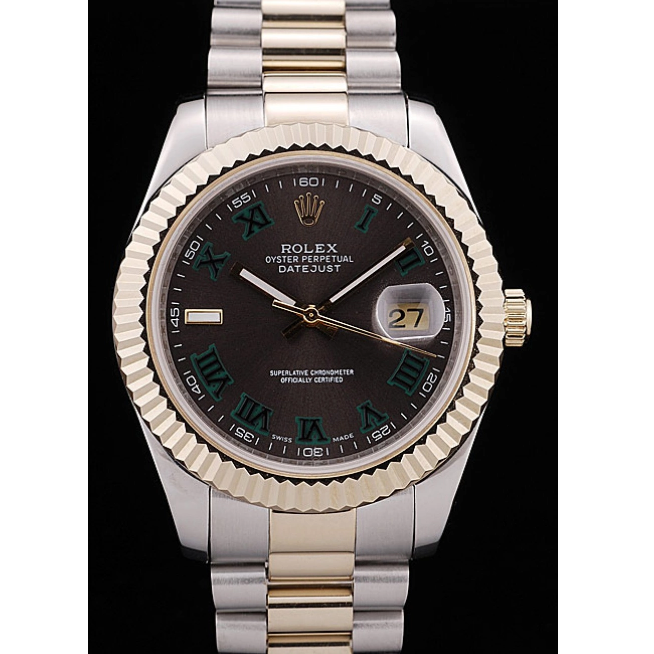 Rolex aaa copy Gold Bezel Brown Ribbed Pattern Rolex Dial DateJust 0708